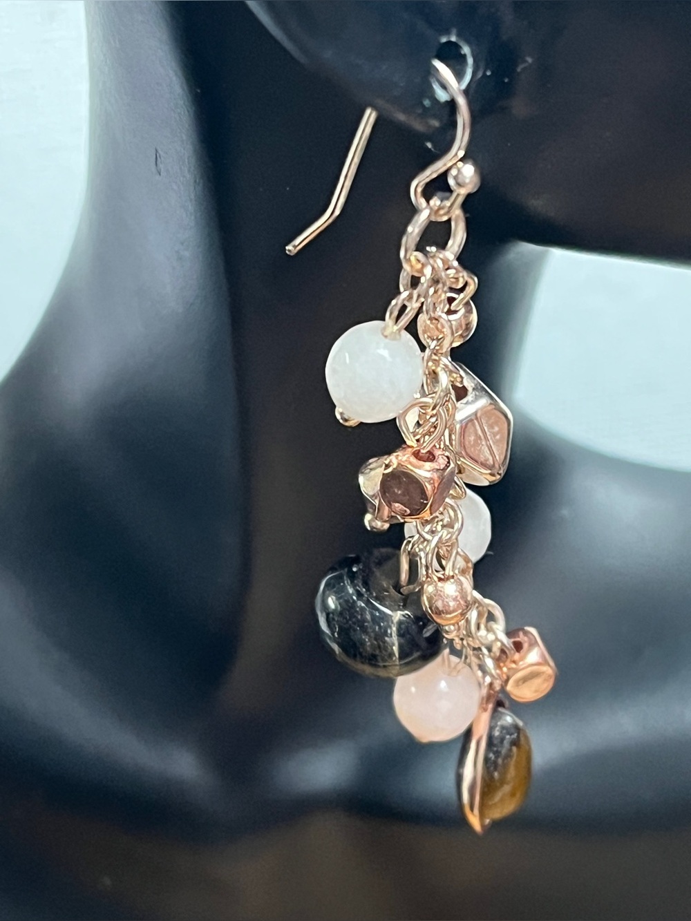 Goldtone Tiger Eye Rose Quartz & Metal Drops Dangle Pierced Earrings 2.5 In Long
